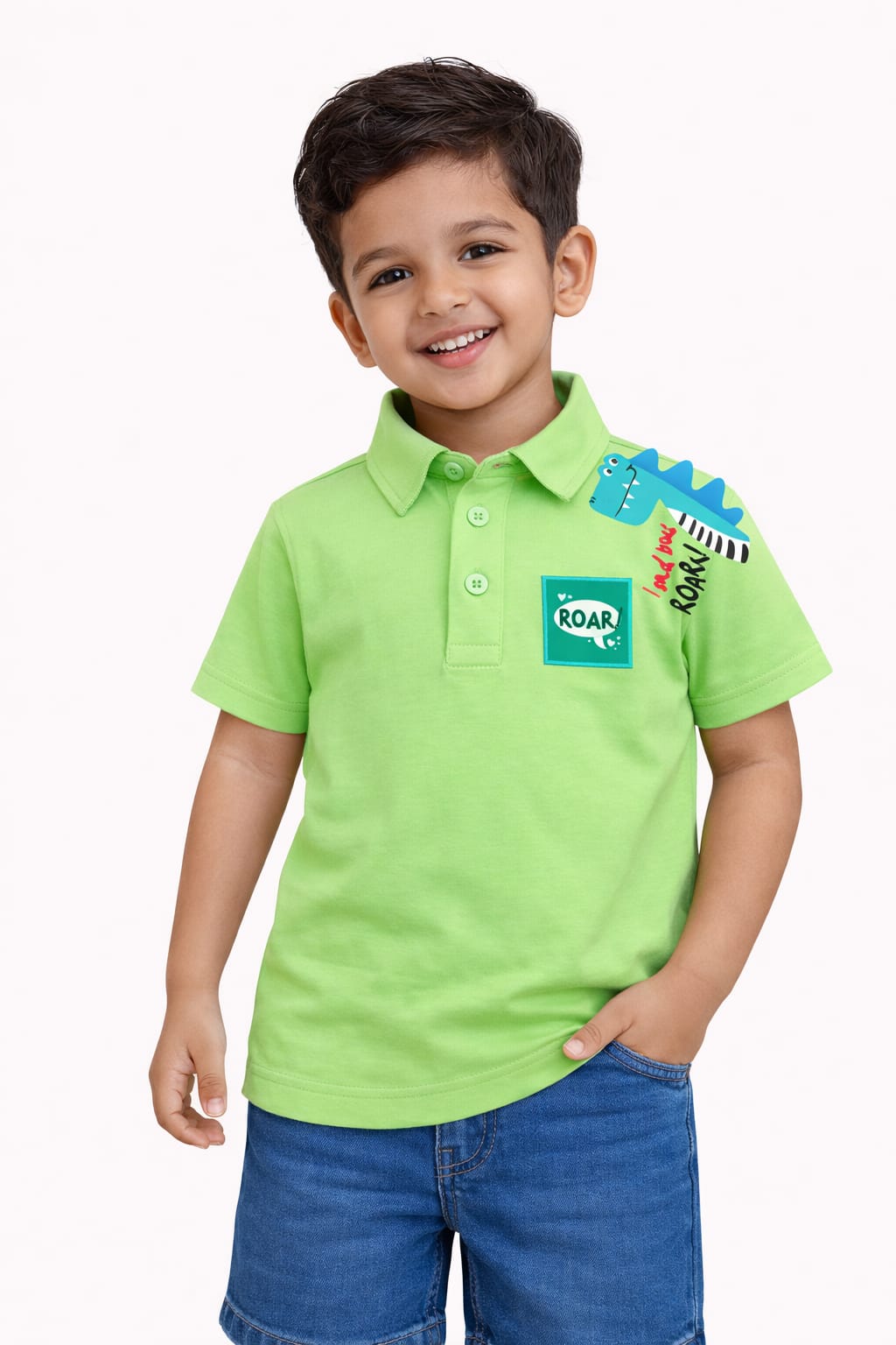 Boys Bright Green Dinosaur Polo