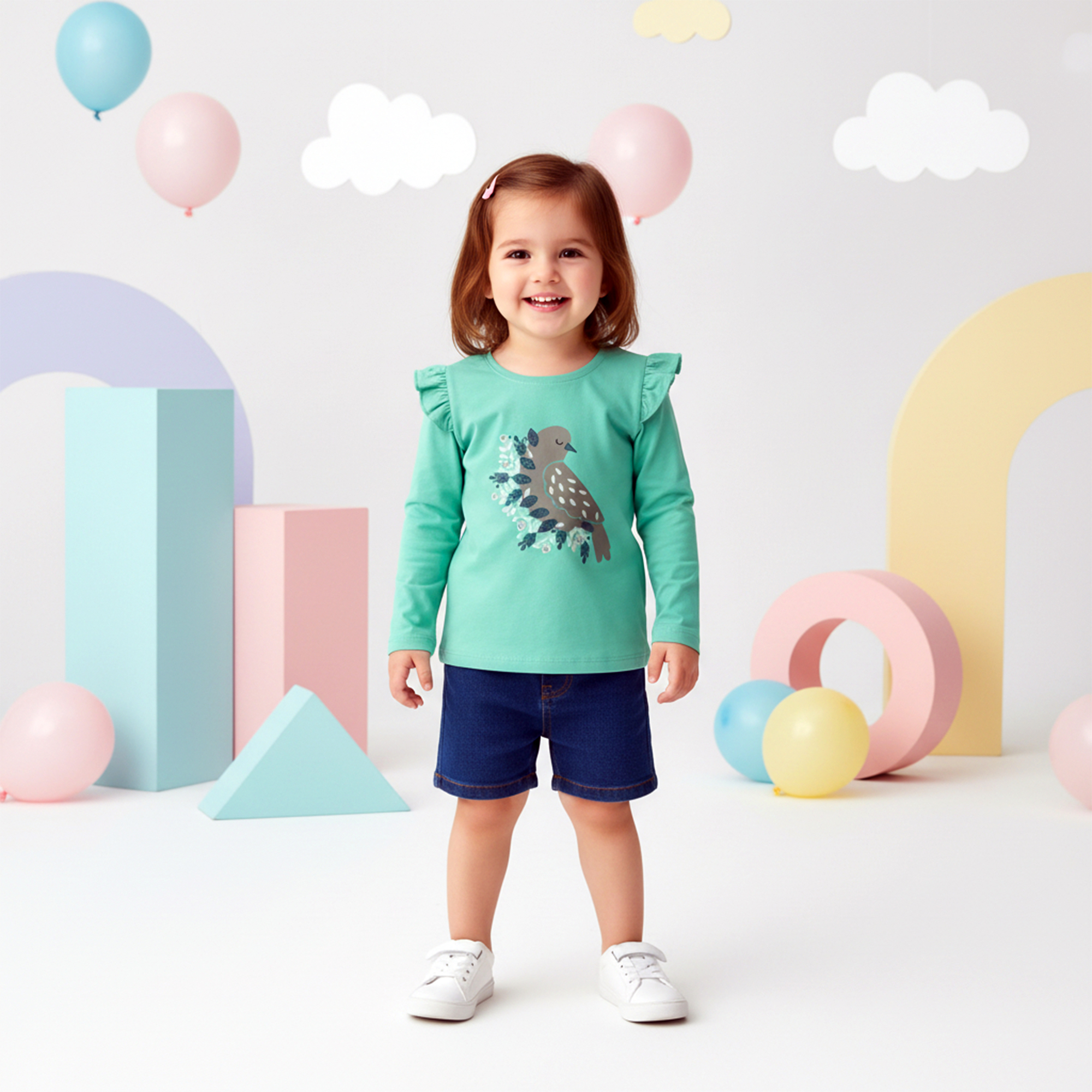 Cute Bird Full Sleeve Ruffle T-Shirt for Girls (Mint Green)