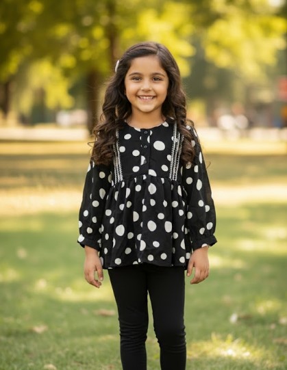 Girls' Monochrome Polka Dot Peplum Top