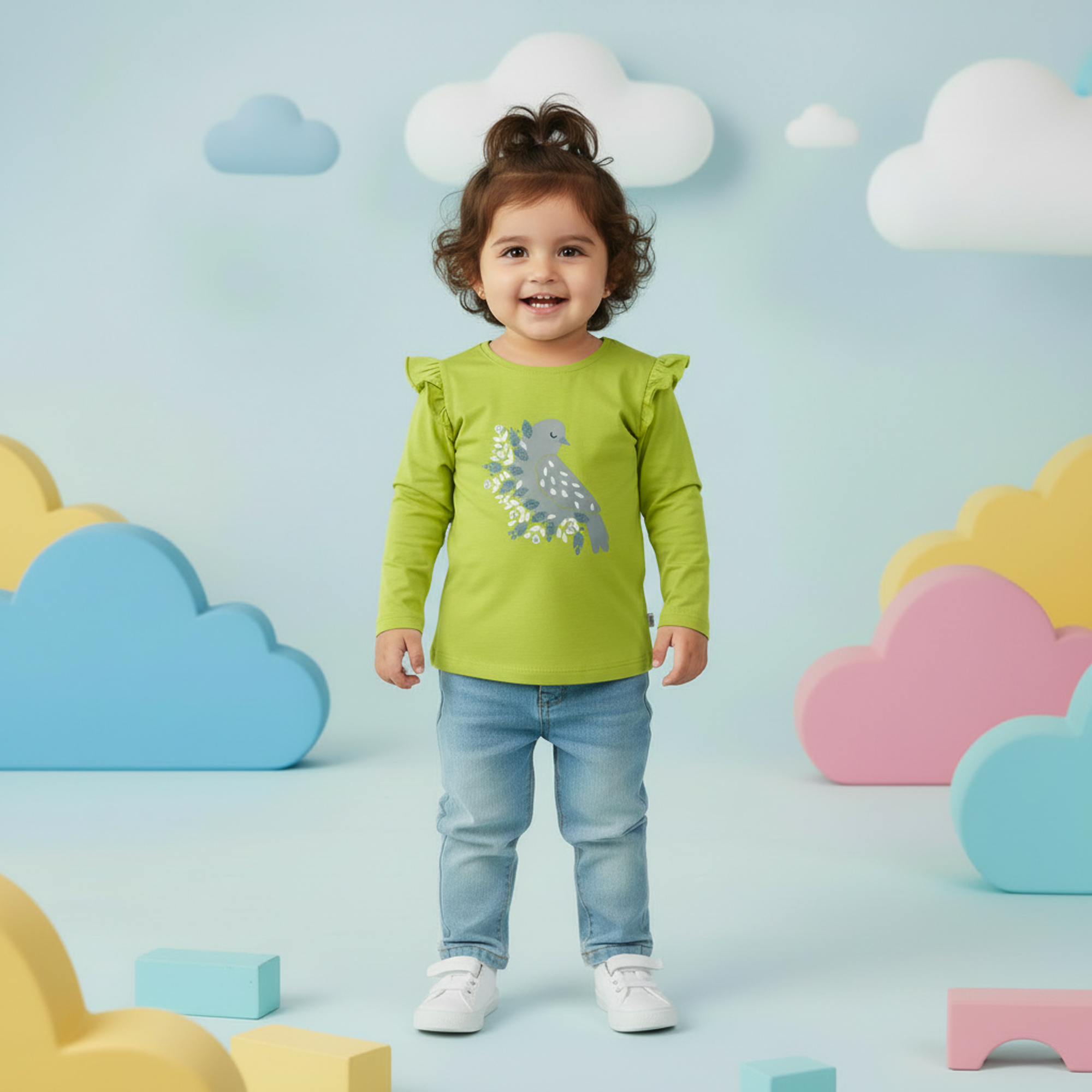 Girls Ruffle Shoulder Graphic Long Sleeve T-Shirt