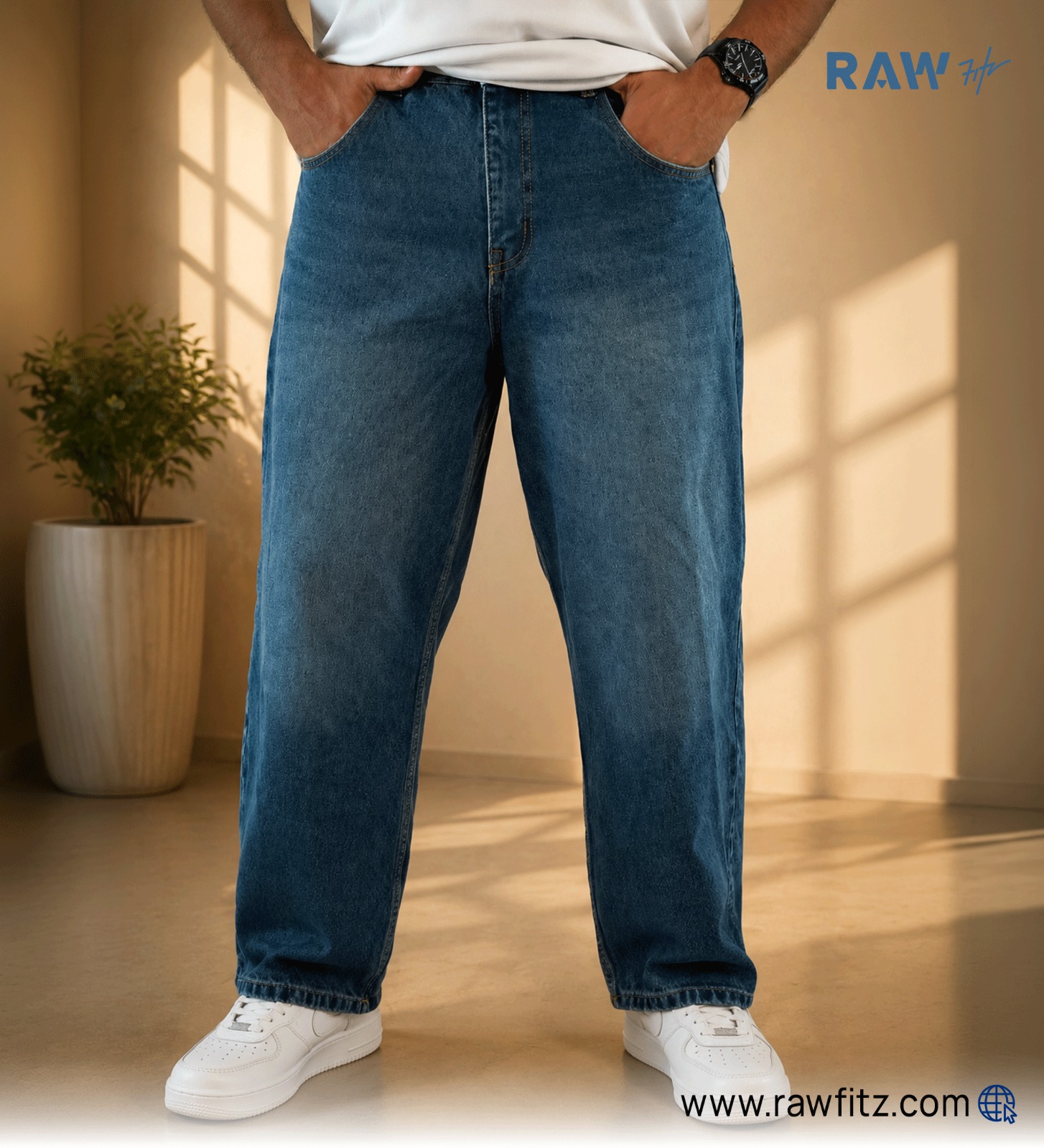 Mid Blue Wash-Leg Baggy Jeans – 5 Pocket