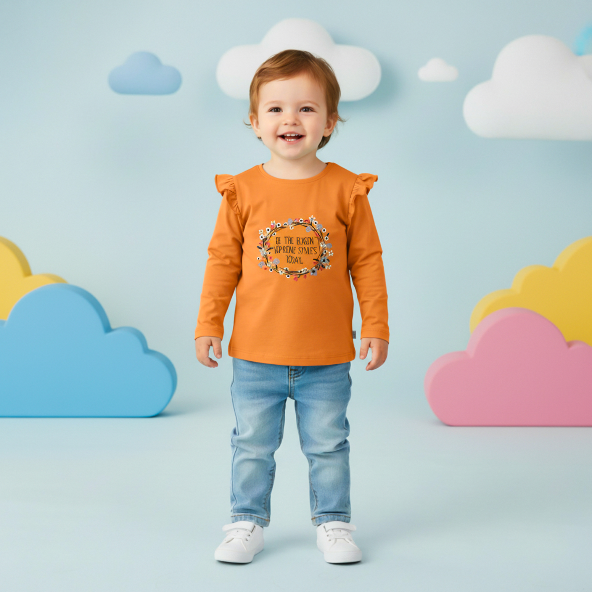 Orange Ruffle Shoulder Floral Graphic T-Shirt for Girls