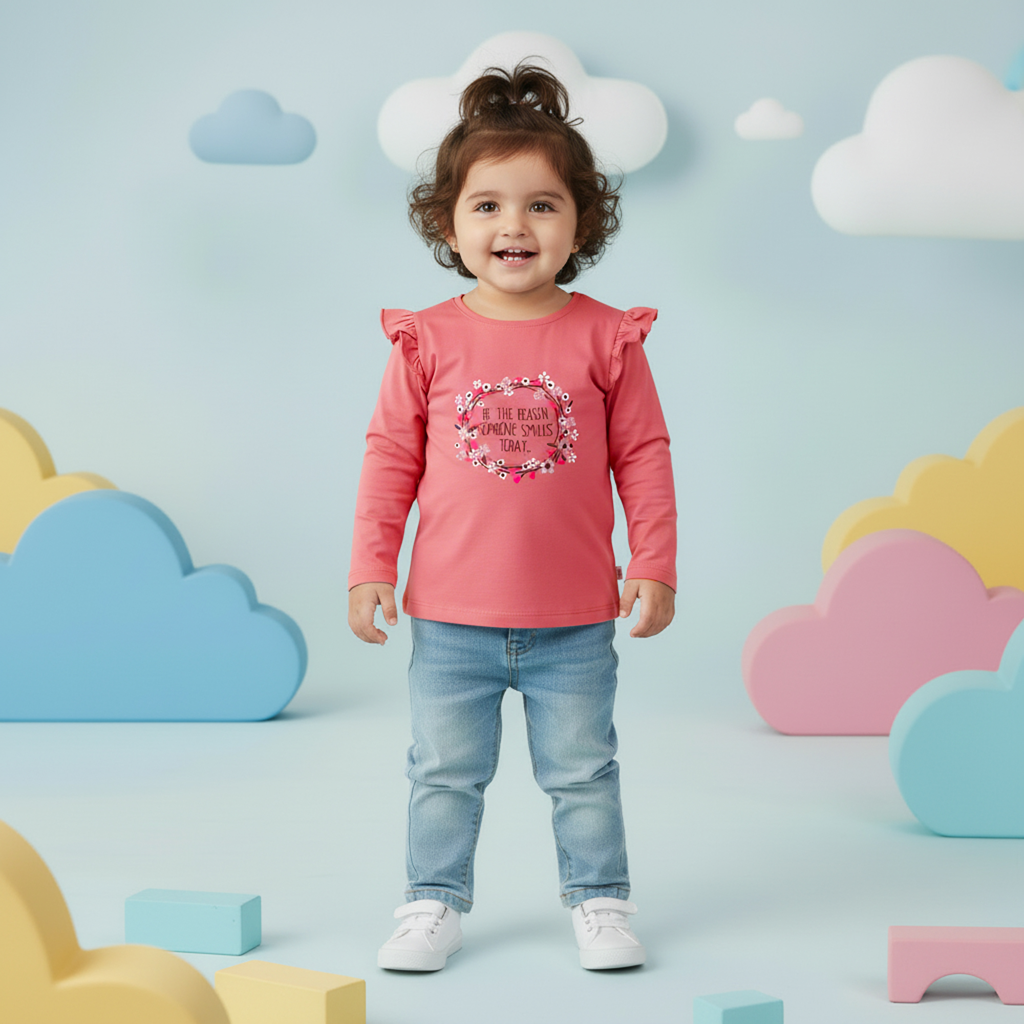 Pink Ruffle Shoulder Floral Graphic T-Shirt for Girls