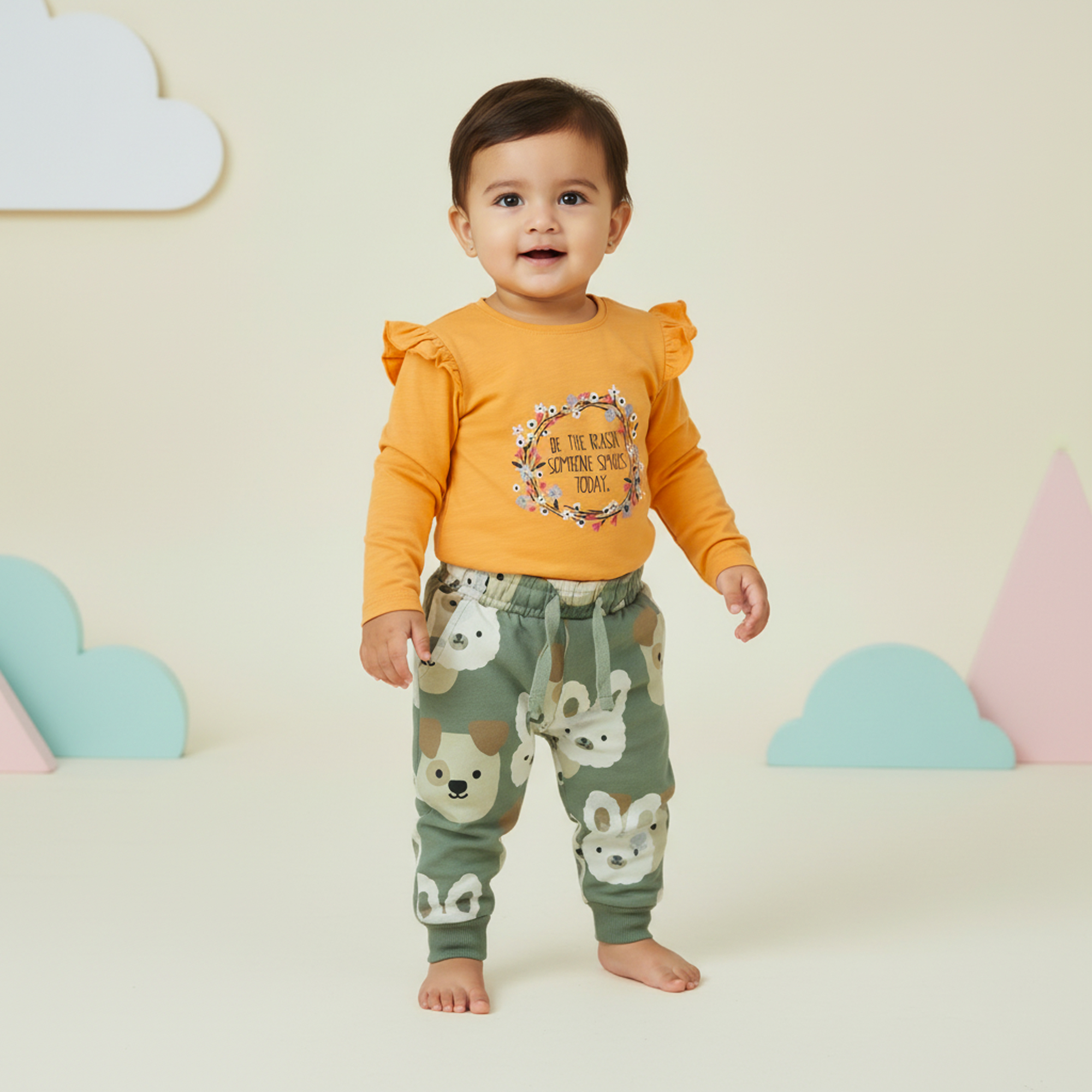 Yellow Ruffle Shoulder Floral Graphic T-Shirt for Girls